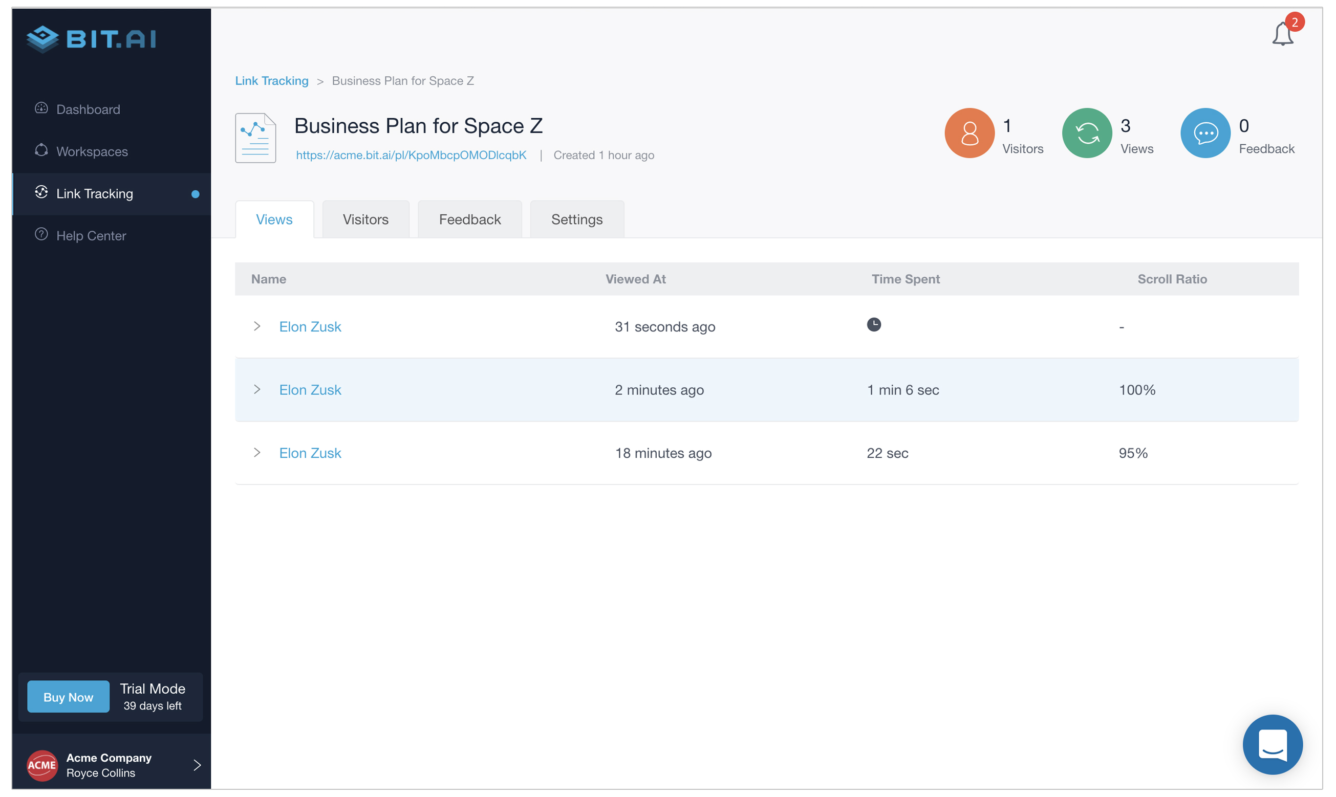 Preview of analytics data of tracked bit document