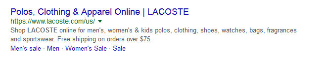 Lacoste' meta description example