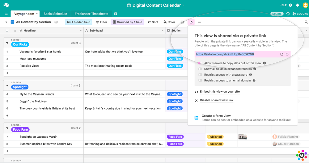 Preview of clicking share button and then copying the airtable shareable link