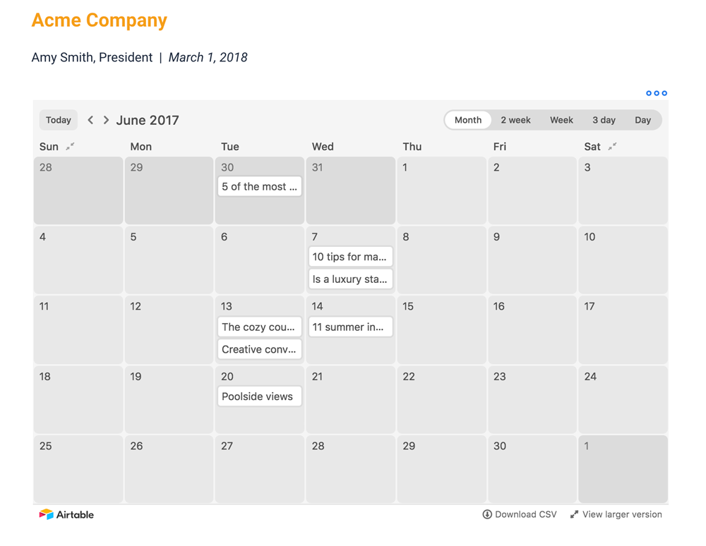 Preview of embedded calendar airtable in a bit document