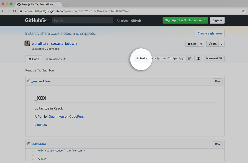 Preview of embed button on gitHub