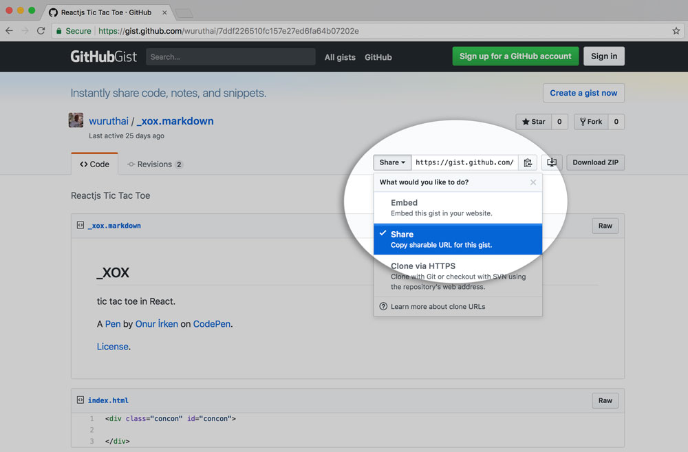 Preview of selecting share option and copying the github gist link