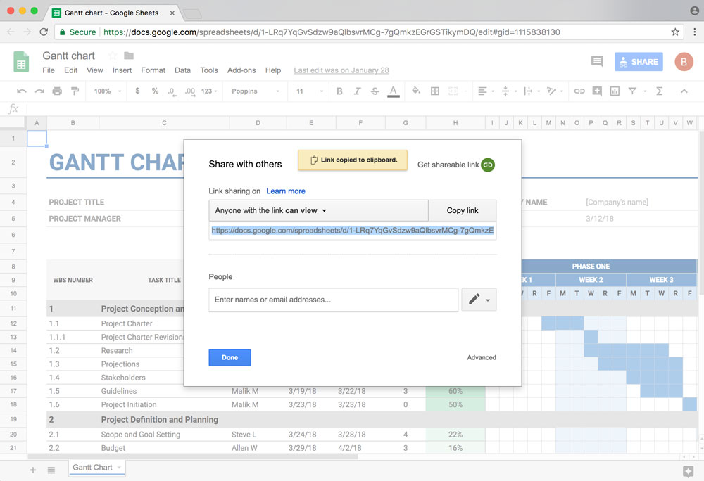 Preview of copying the google sheet link