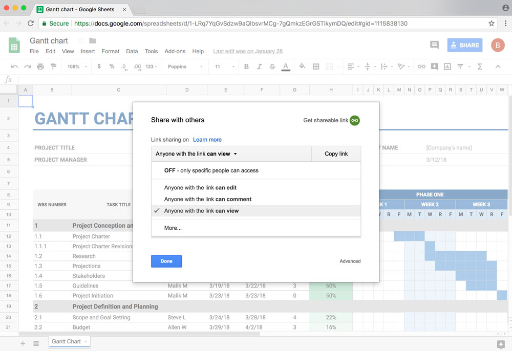 Preview of choosing link sharing options