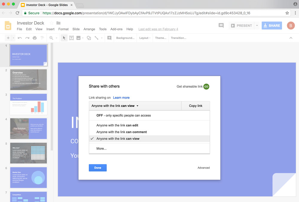 Preview of sharing settings in google slides