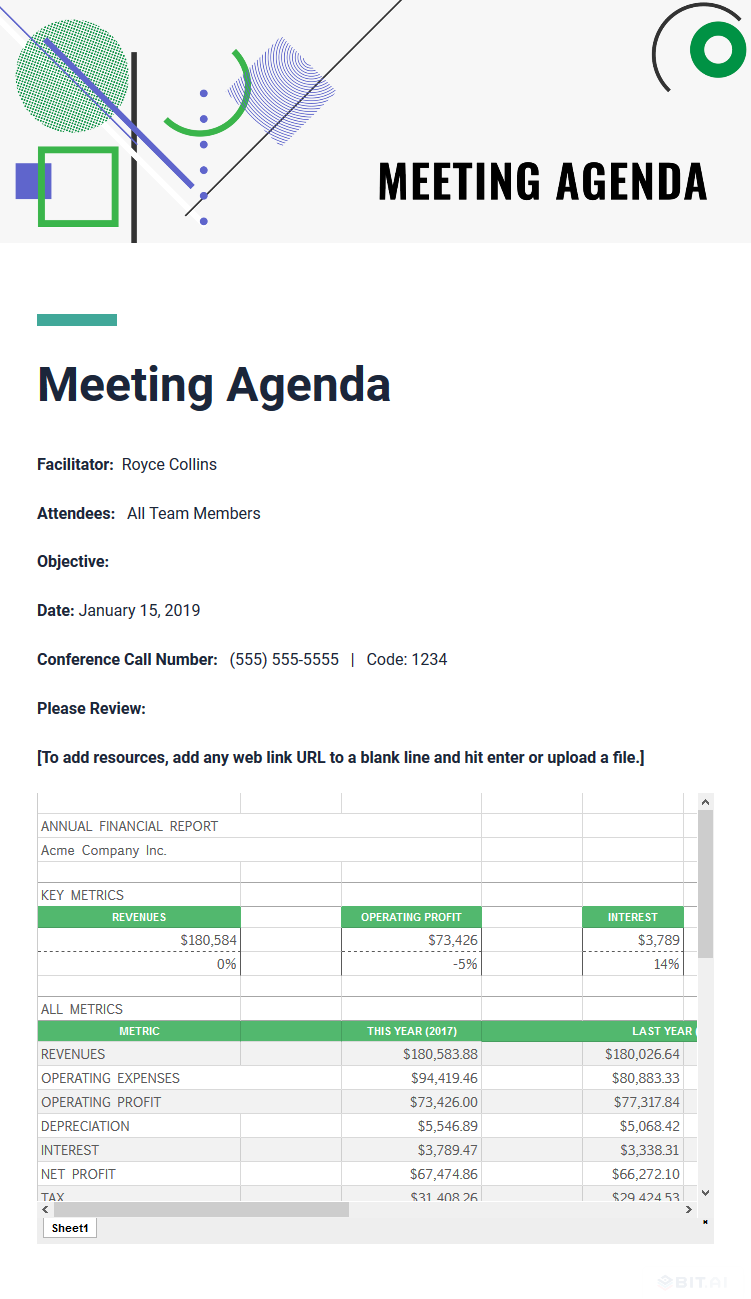 Example of embedded google sheet used in meeting agenda document