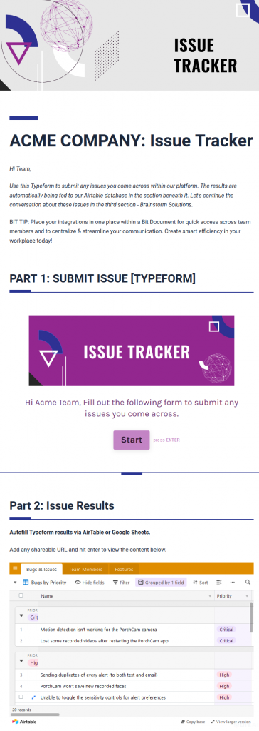 Example of airtable embedded in a template