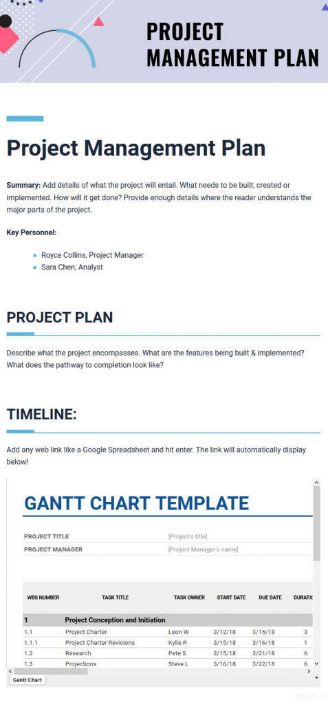 Example of embedded google sheet used in project management plan document