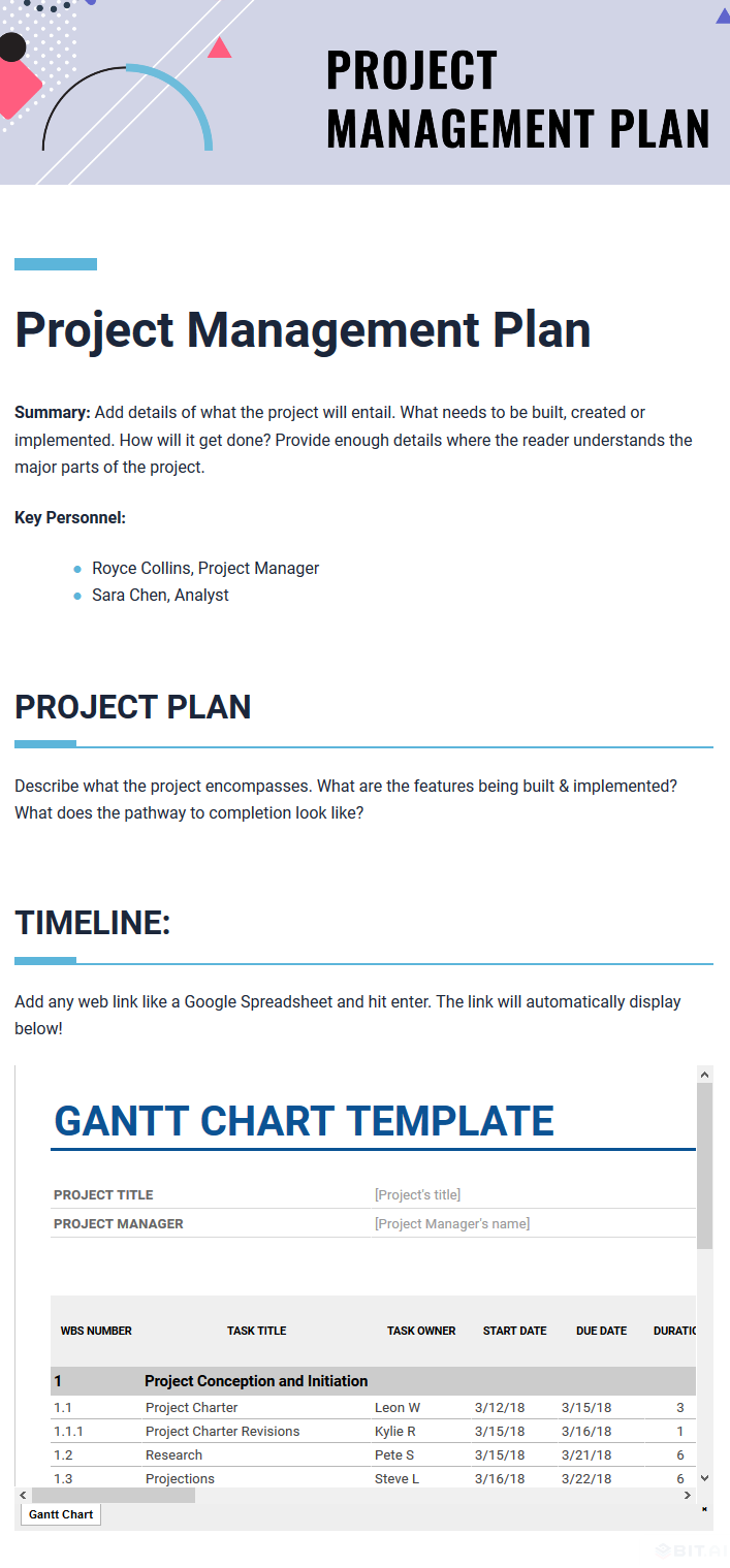 Example of embedded google sheet used in project management plan document