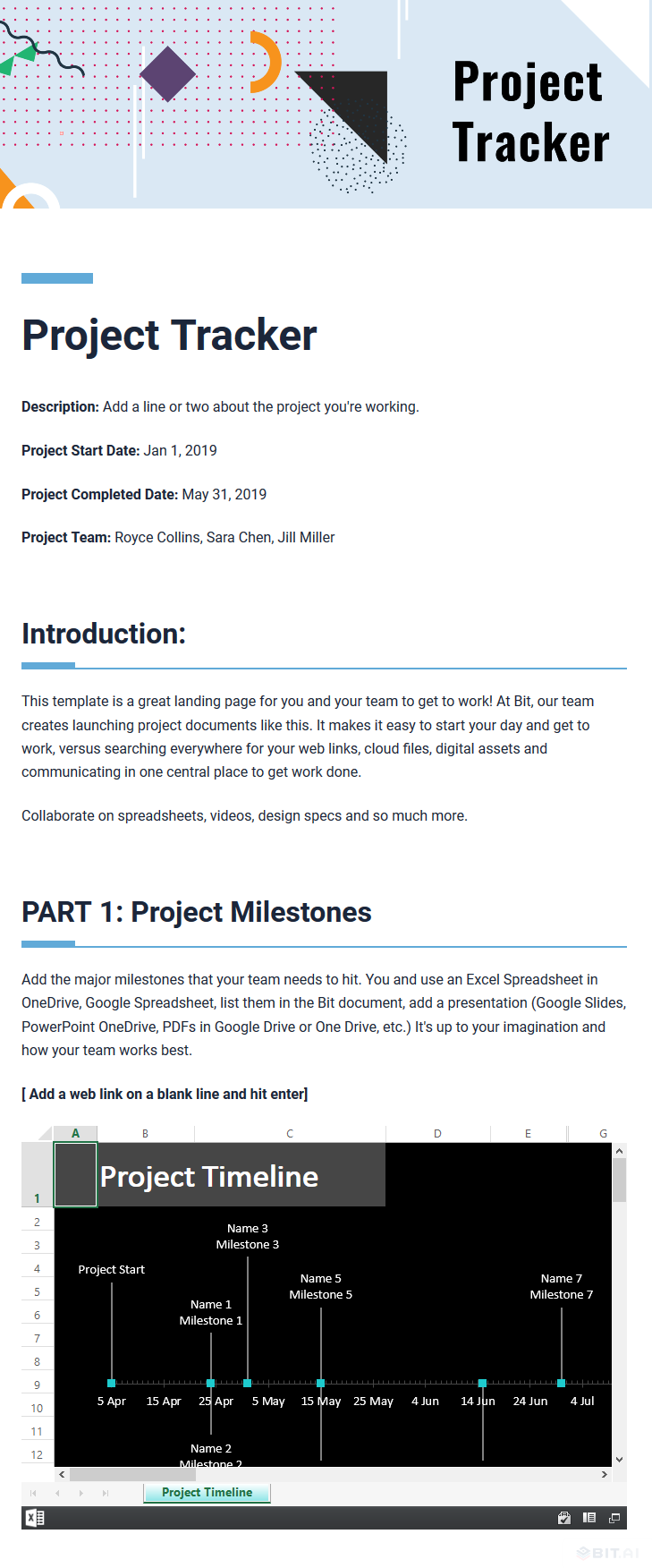 Example of embedded google sheet used in project tracker document