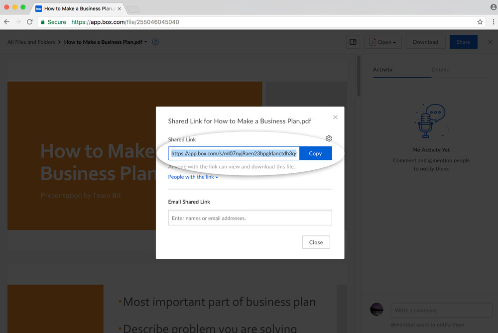 Preview of copying the shareable link from box dashboard