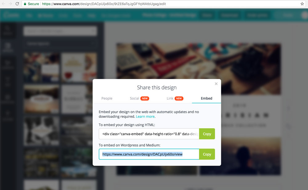 Preview of copying the shareable link from canva