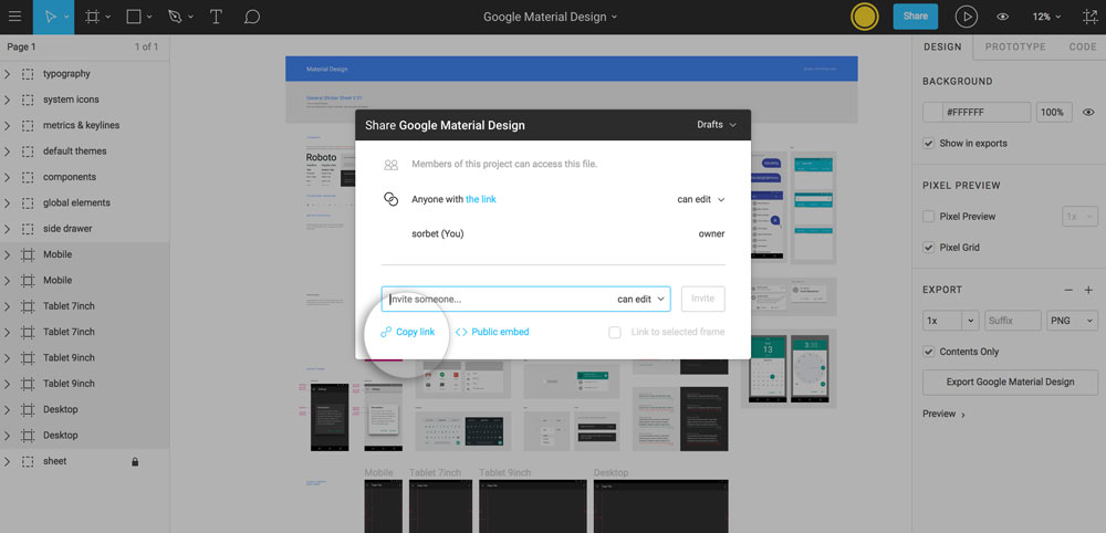 Preview of copying the shareable link from figma dashboard