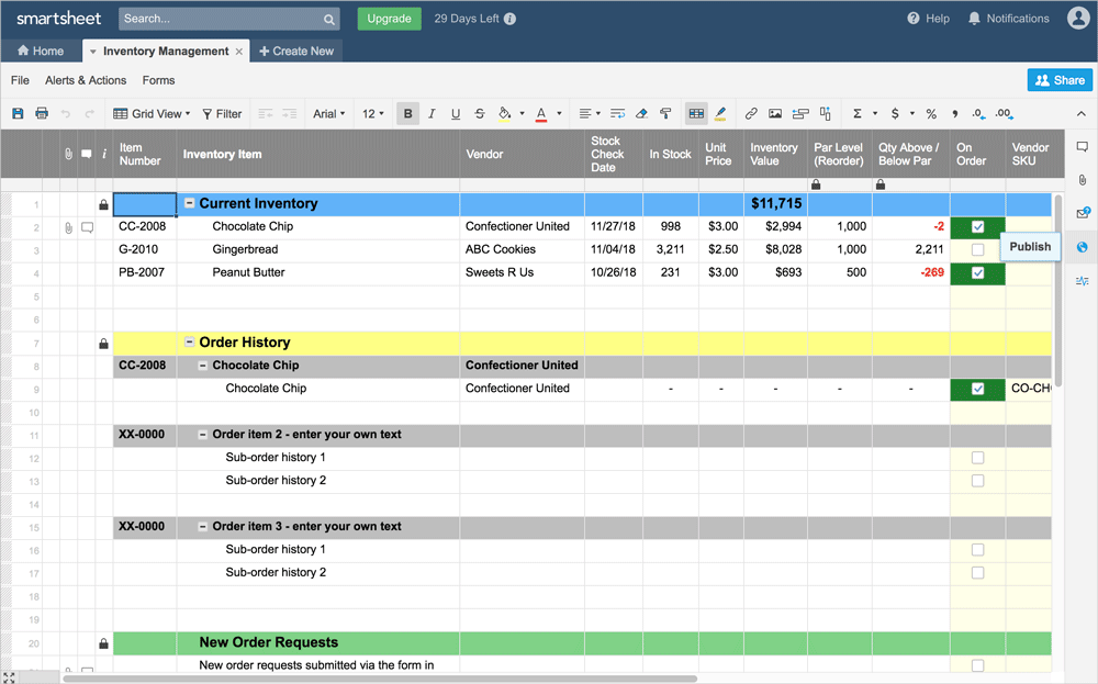 Preview of publish button on your smartsheet spreadsheet