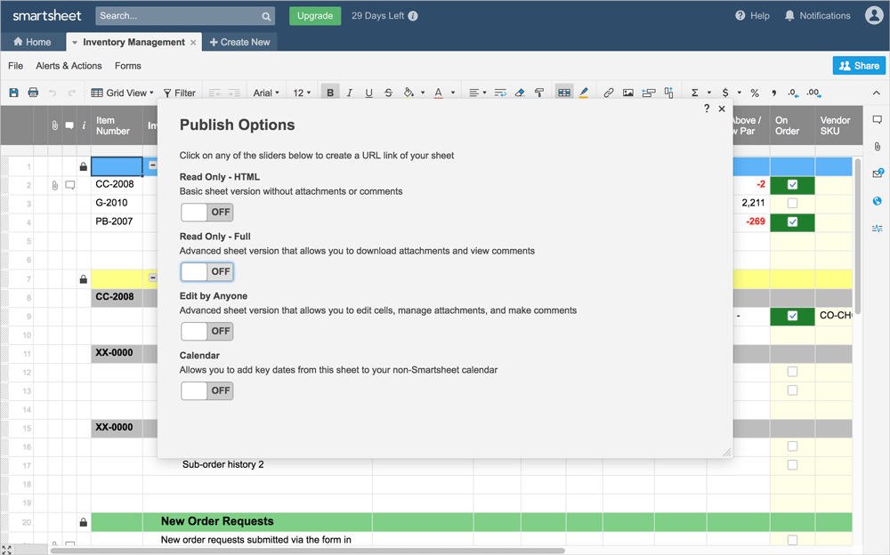 Preview of publish options on a smartsheet