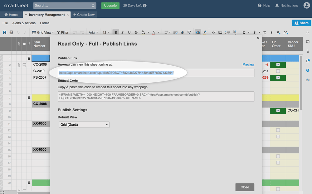 Preview of copying the smartsheet publish button