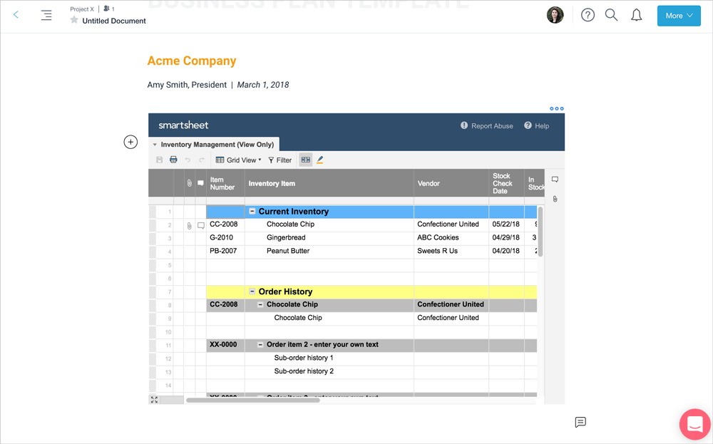 Preview of embedded smartsheet spreadsheet in a bit document