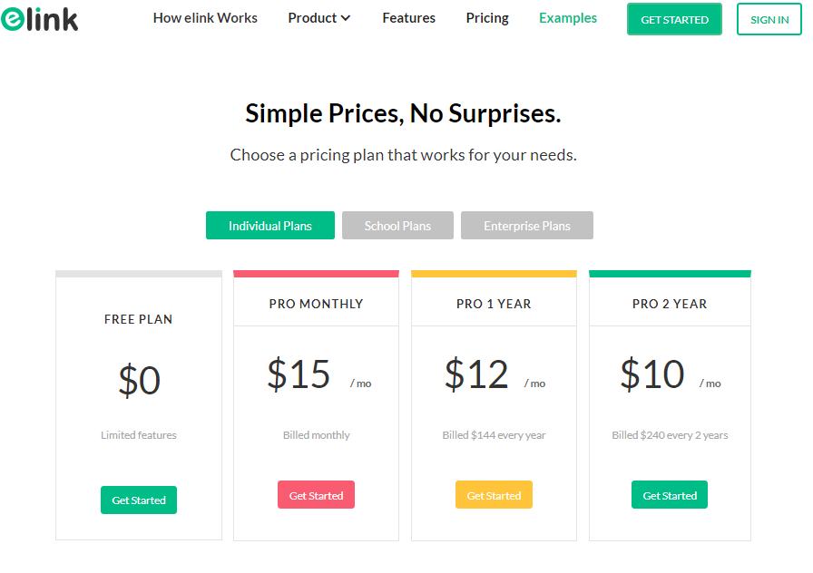 Elink's pricing page