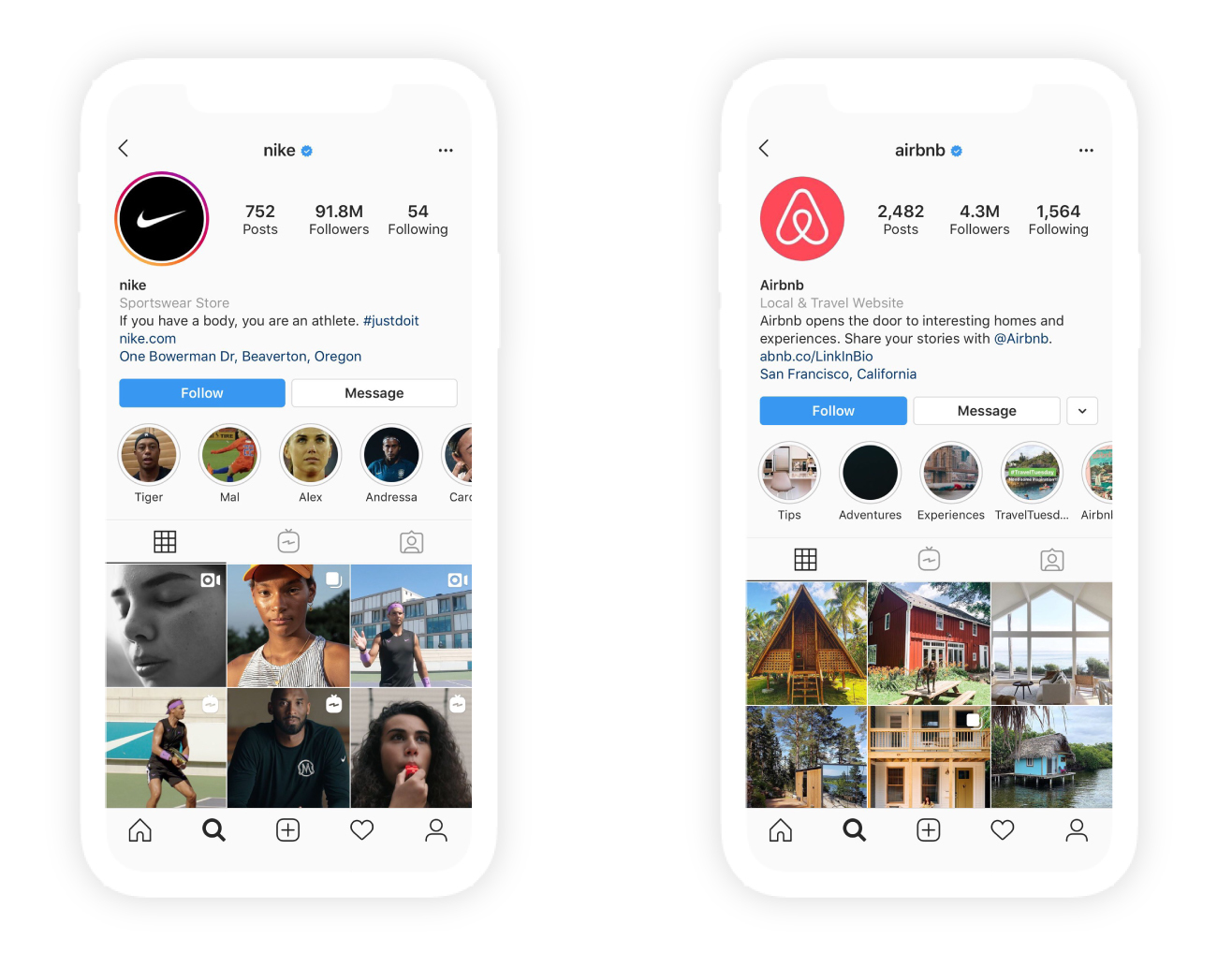 Airbnb and nike's Instagram pages