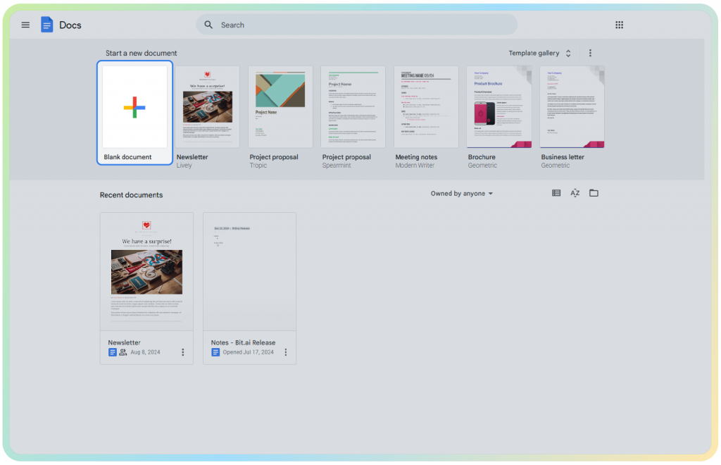 preview of selecting template in google docs