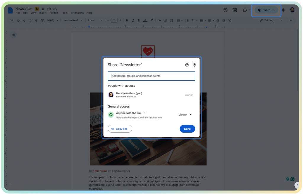 Sharing or Collaborating on a Google Doc