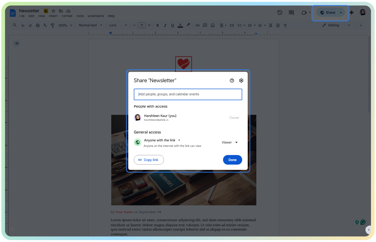 Sharing or Collaborating on a Google Doc