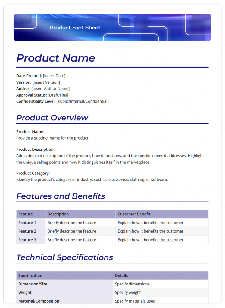 product fact sheet template