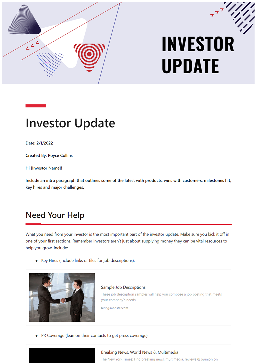 Investor update template