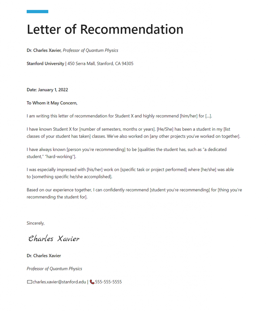 presentation skills recommendation letter