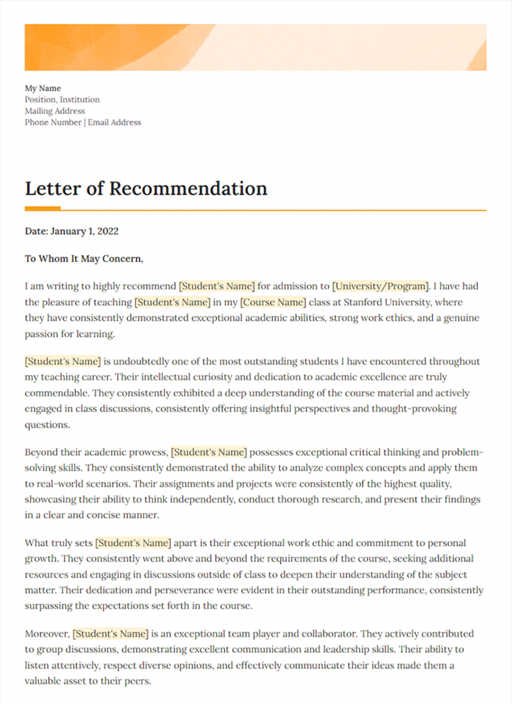 letter of recommendation template