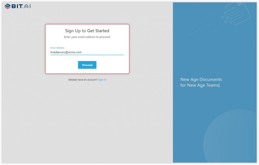 Preview of bit.ai sign up