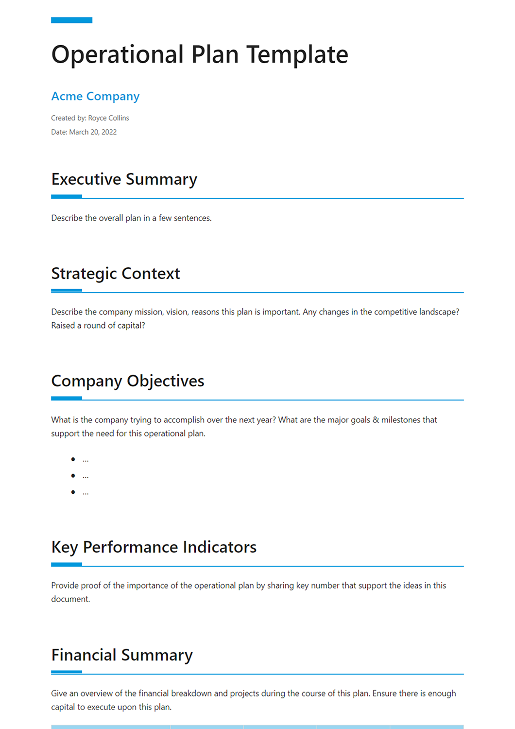 Business Operational Plan Template