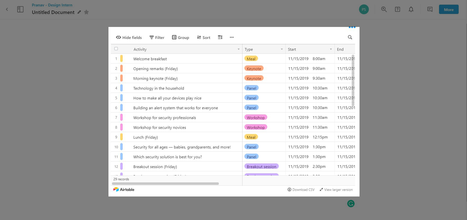 Preview of embedded airtable database in a bit document