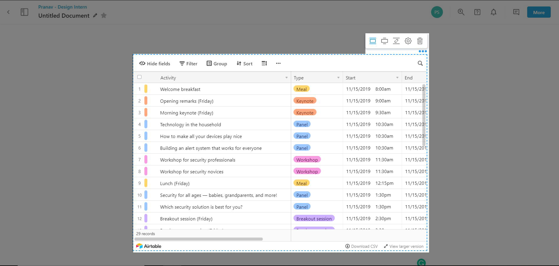 Preview of customising airtable database in bit document