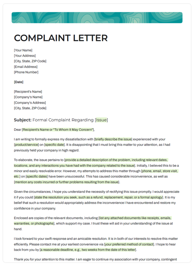 Complaint letter template by bit.ai