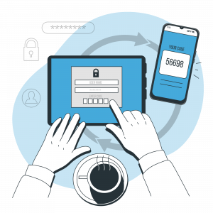 A graphic showing man login through two factor authentication