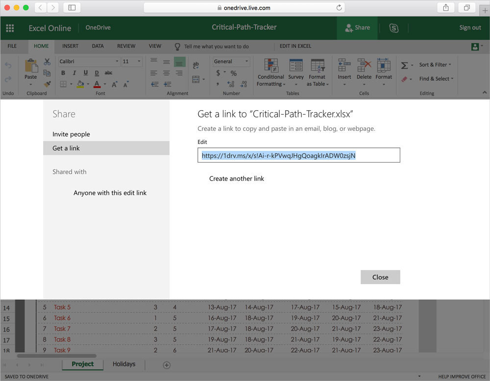 Screenshot of creating a sharable link in OneDrive Excel spreadsheets