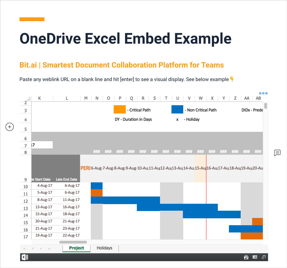 Screenshot of an OneDrive Excel Spreadsheet embed in a Bit Document