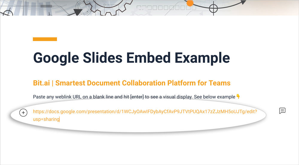 Screenshot of embedding a Google Slides link in Bit Document