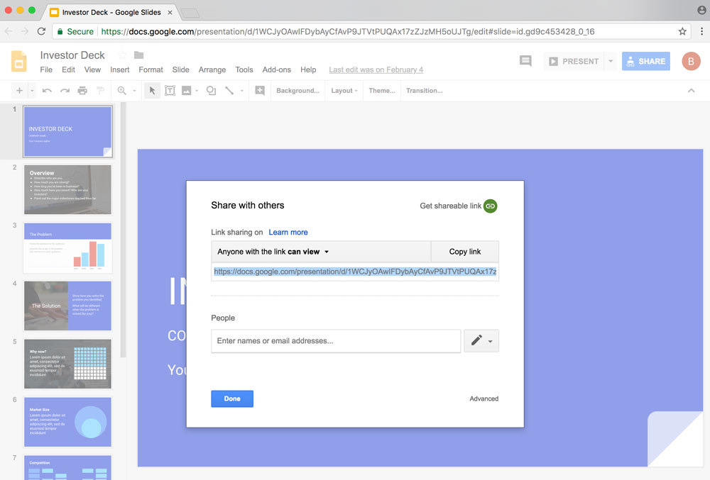 Screenshot of Copying the sharable link on Google Slides