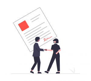 two people shaking hands with client project documents
