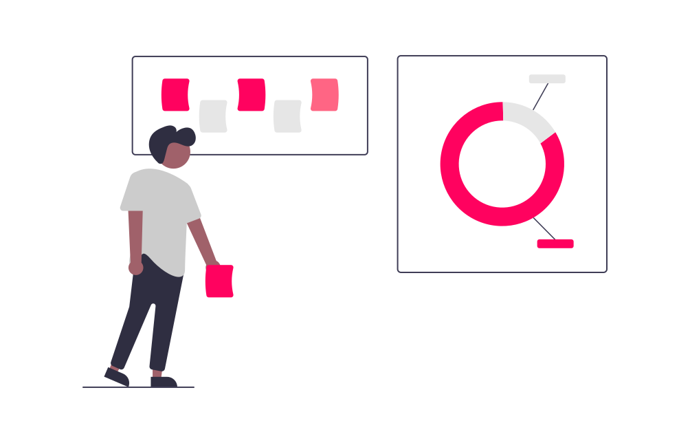 Illustration of a person planning an event with charts and graphs.