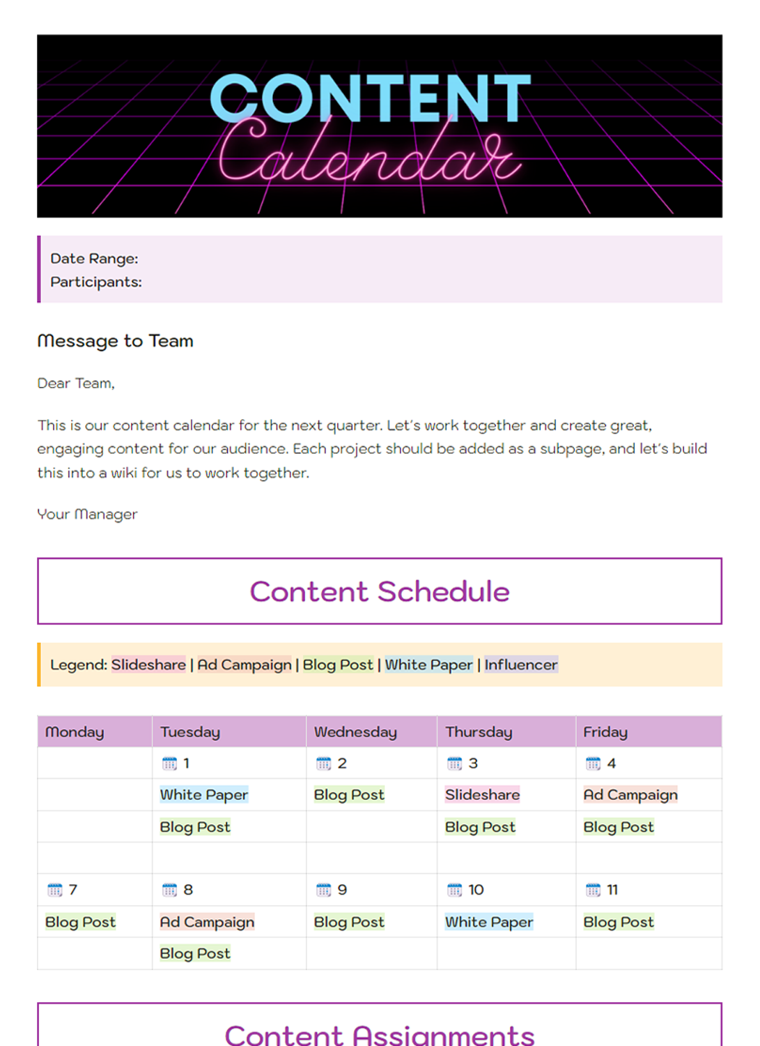 Content calendar template for Content schedule, content assignment, content resources