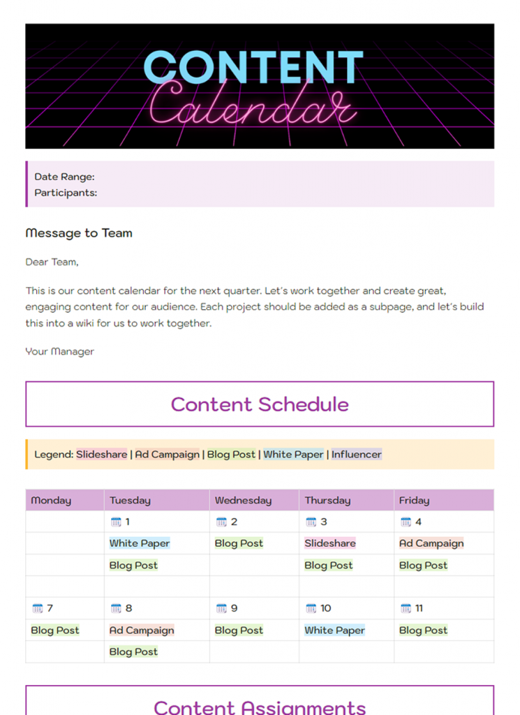 Content Calendar Template
