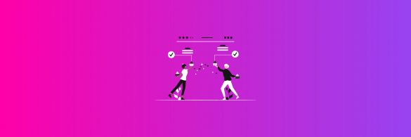 Illustration of two people exchanging cupcakes with a digital interface on a pink-purple gradient background- Bit.ai Banner