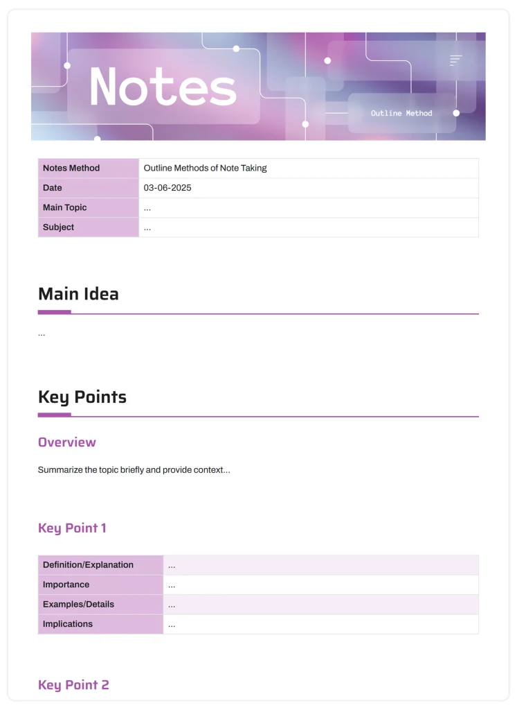 outline note taking method template
