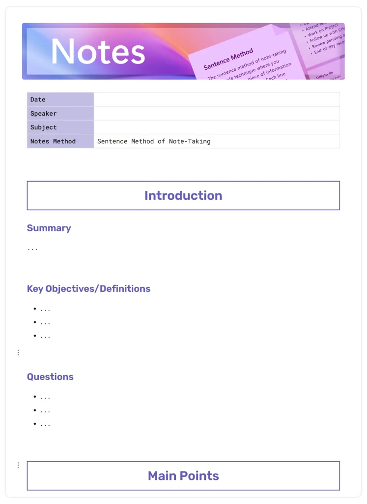 the sentence method template for note taking
