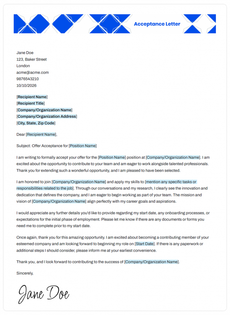 acceptance letter template