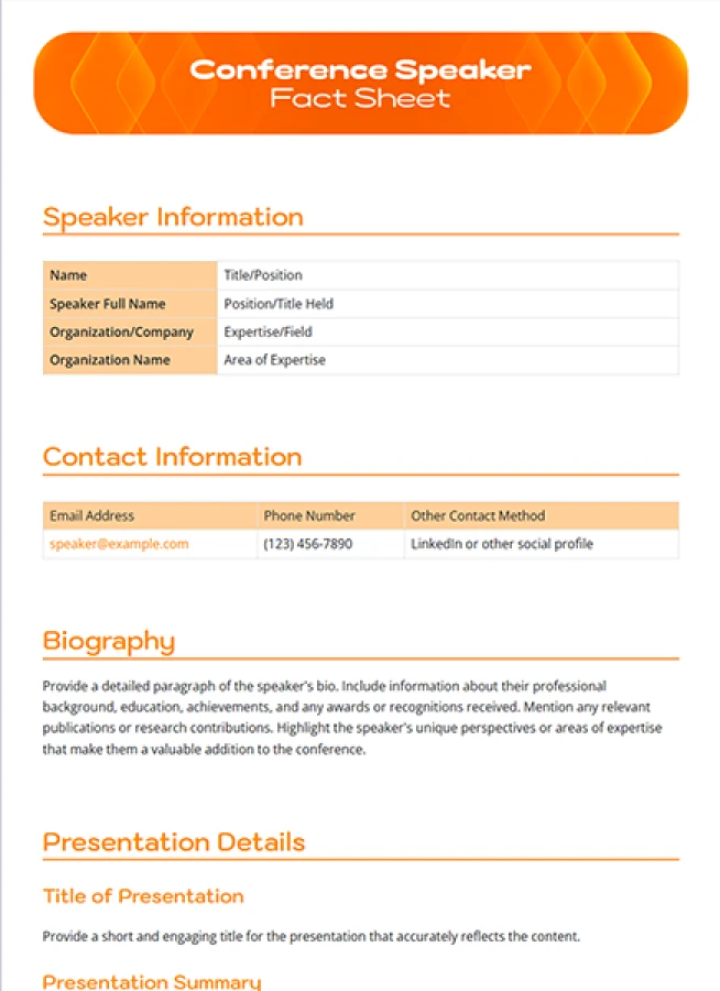 Conference Speaker Fact Sheet Template