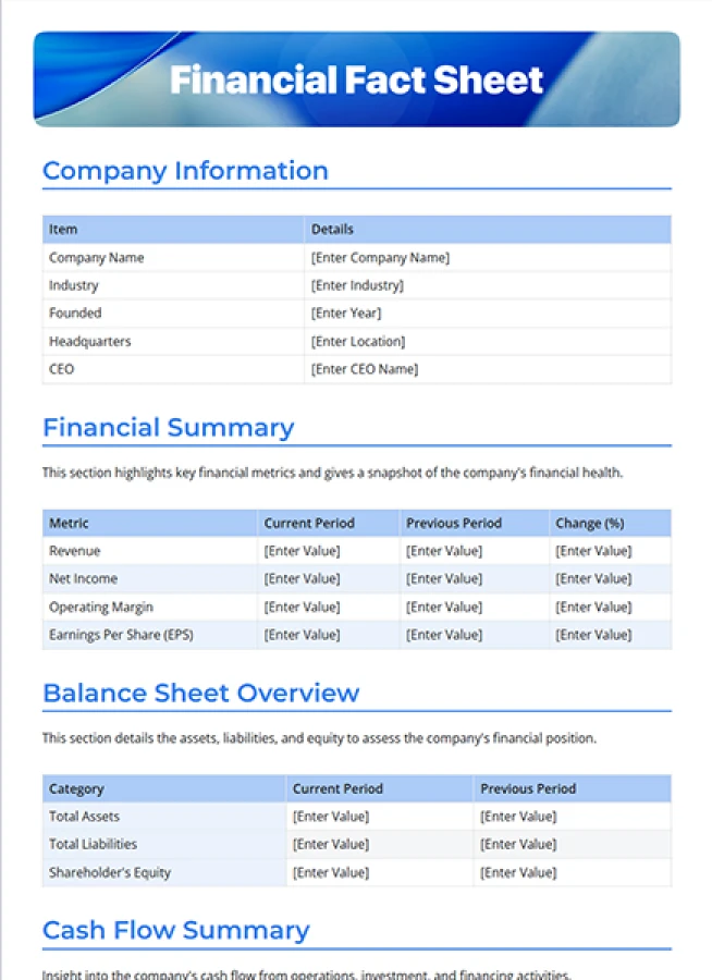 financial fact sheet template
